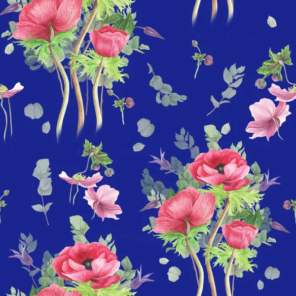 Muster Mit Rosa Anemonen Clematis Und Eukalyptuszweigen Aquarellmalerei Botanische Illustration — Stockfoto