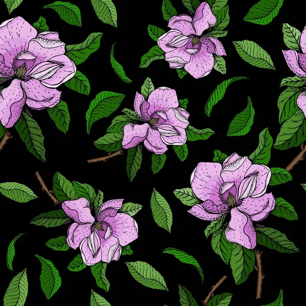 Patrón Vectorial Sin Costuras Con Ramas Flores Rosadas Hojas Verdes — Archivo Imágenes Vectoriales