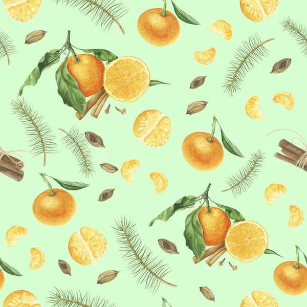 Seamless Pattern Tangerines Branches Tree Spices Watercolor Painting — Stock Photo, Image