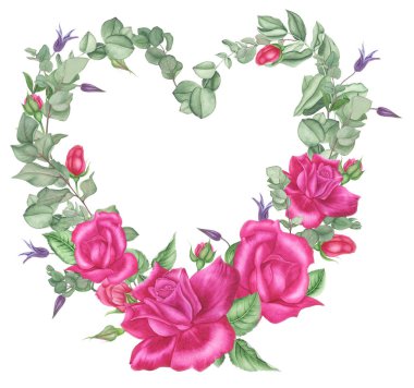 Pembe Gül, clematis ve okaliptüs, suluboya resim twigs çiçek çelenk. Botanik illüstrasyon.