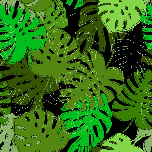モンステラの熱帯の葉でシームレスなパターン ベクトル — ストックベクタ