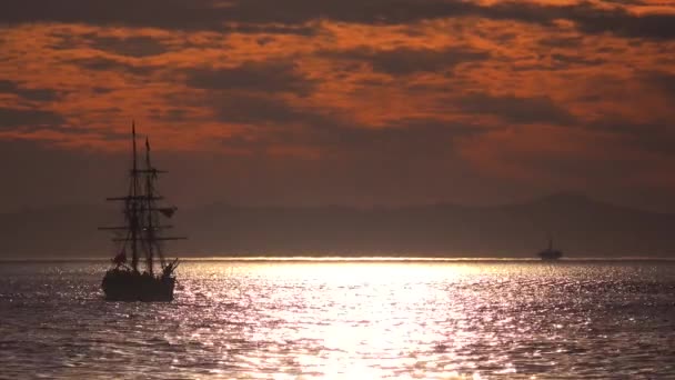 Een Groot Klipper Schip Vaart Bij Zonsondergang — Stockvideo