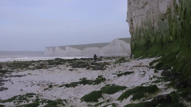 Daleka Kobieta Spaceruje Wzdłuż Białych Klifów Dover Pobliżu Beachy Head — Wideo stockowe