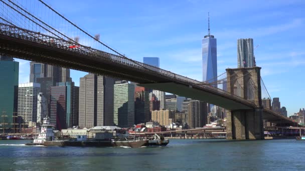 Створення Знімків Нью Йорку Бруклінським Мостом Вежею Свободи Іст Рівер — стокове відео