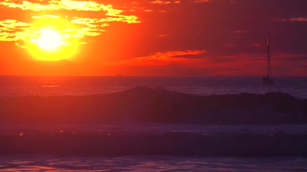 Sailboat Passes Sunset Southern California Beach — Stock Video