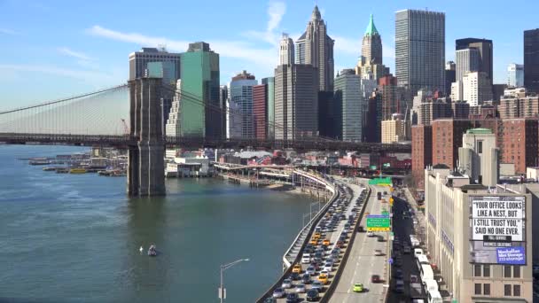 Puente Brooklyn East River Fdr Claro Día Soleado Ciudad Nueva — Vídeo de stock