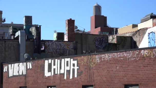 Arte Graffitti Aparece Lado Edificio Contra Horizonte Ciudad Nueva York — Vídeos de Stock