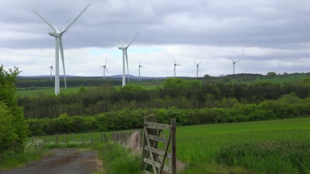 Een Windmolenpark Engeland Wekt Elektriciteit Tussen Akkers — Stockvideo