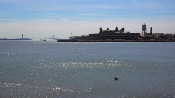 ニューヨークの港のエリス島の遠くの景色エリス島からの移民 — ストック動画