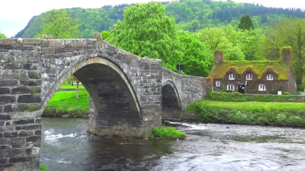 Uma Bela Ponte Sobre Rio Com Uma Casa Coberta Musgo — Vídeo de Stock