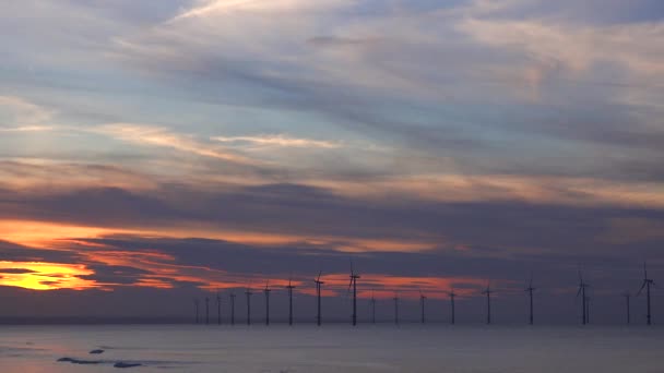 Větrná Farma Vyrábí Elektřinu Podél Pobřeží Při Západu Slunce — Stock video