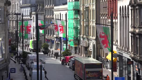 Establishing Shot Narrow Street Lined Welsh Flags Downtown Cardiff Wales — Stock Video