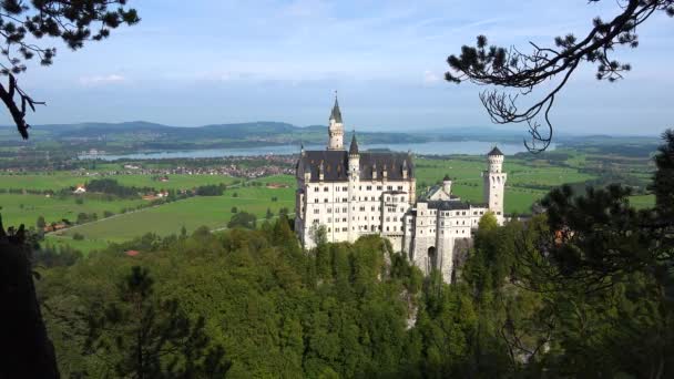 通过德国巴伐利亚新斯万斯坦疯狂卢德维希斯城堡树木的经典景观 — 图库视频影像