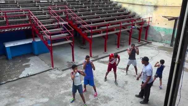 Alto Ângulo Como Boxeador Aposentado Aulas Meninos Cidade Velha Havana — Vídeo de Stock