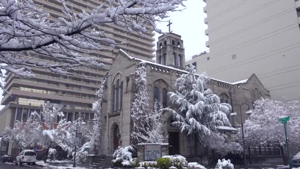 Sebuah Gereja Cantik Lanskap Musim Dingin Bersalju — Stok Video