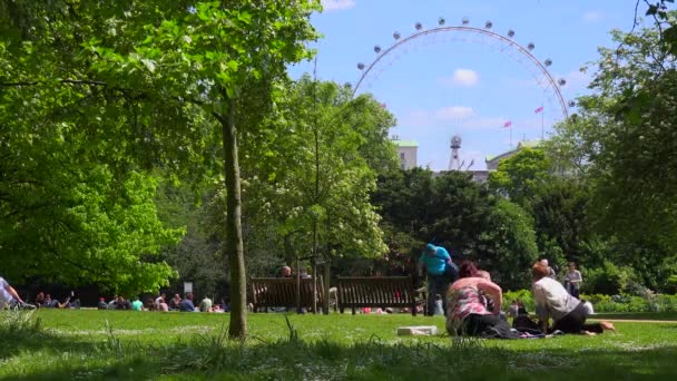 Fußgänger Gehen James Park London Mit London Eye Hintergrund — Stockvideo