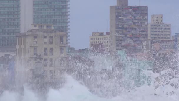 Strandpromenaden Malecon Havanna Kuba Tar Stryk Stor Vinterstorm — Stockvideo