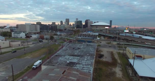 Rising Aerial Shot Reveals New Orleans Louisiana Skyline Superdome Foreground — Stock Video