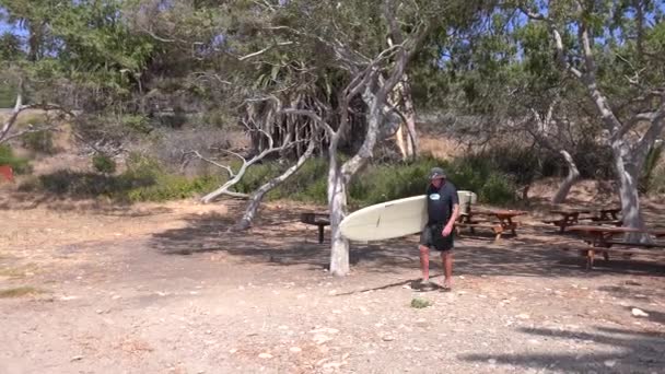 Medelålders Surfare Bär Sin Bräda Ner Till Stranden Och Stannar — Stockvideo