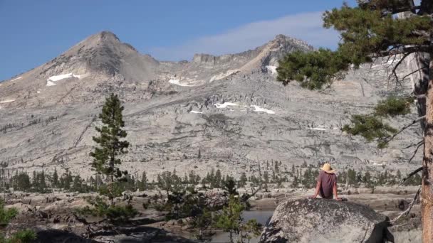 Hombre Sienta Una Roca Con Vistas Desierto Desolación Las Montañas — Vídeos de Stock