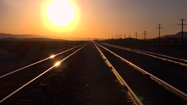 Tiro Trilhos Ferroviários Que Estendem Até Horizonte Pôr Sol — Vídeo de Stock