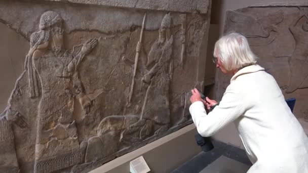 Los Visitantes Del Museo Británico Admiran Tallas Artefactos Excavados Nimrud — Vídeo de stock