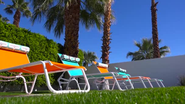 Cadeiras Gramado Coloridas Sentam Torno Uma Piscina Uma Casa Palm — Vídeo de Stock