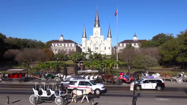 Indah Jackson Square Dengan Lalu Lintas New Orleans Louisiana — Stok Video