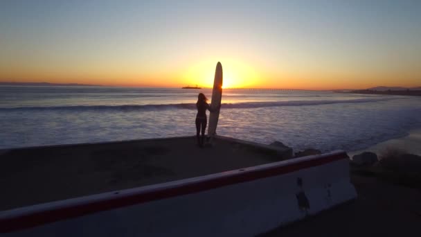 Een Antenne Boven Een Vrouw Die Met Een Surfplank Naar — Stockvideo