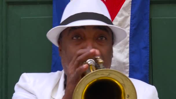 음악가가 아바나의 거리에서 트럼펫을 — 비디오
