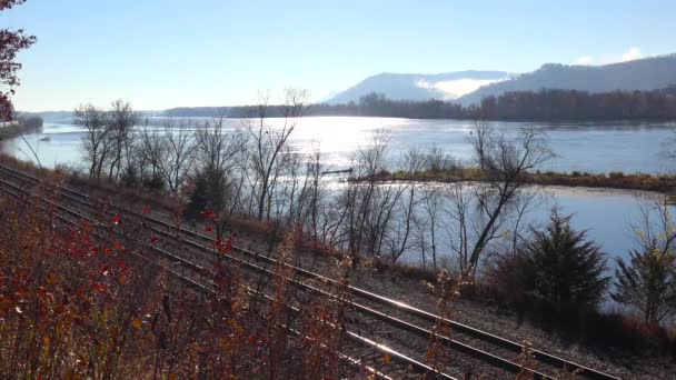 Річці Міссісіпі Пролягає Вантажний Поїзд — стокове відео