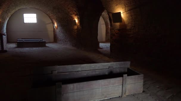 Coffins Sit Darkened Crematorium Terezin Nazi Concentration Camp Czech Republic — Stock Video