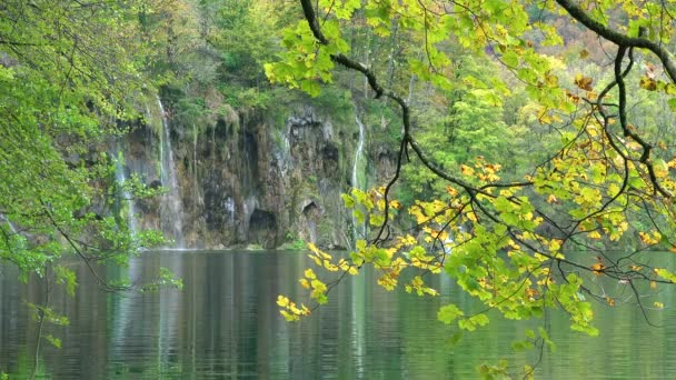 Vista Através Árvores Para Cachoeiras Parque Nacional Plitvice Croácia — Vídeo de Stock