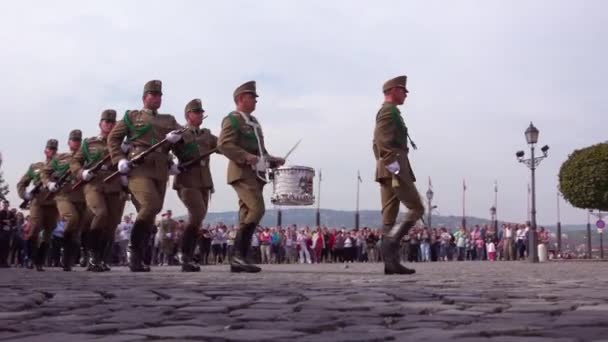 Guardas Palácio Húngaro Marcham Juntos Budapeste Hungria — Vídeo de Stock