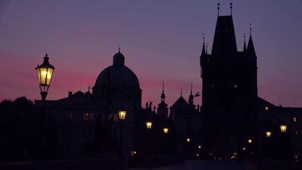 Классическое Утреннее Освещение Карловском Мосту Чехии — стоковое видео