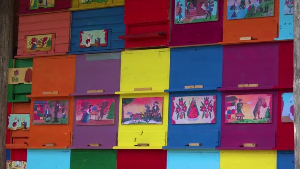 在斯洛文尼亚 五彩斑斓的蜂箱形成了一座小木屋 — 图库视频影像