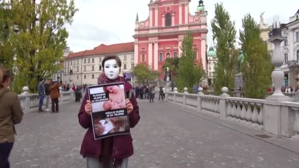 Maskovaný Demonstrant Ulicích Evropy Protestuje Proti Nelidskému Zacházení Dojnicemi — Stock video