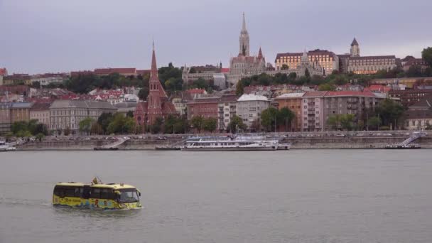Autobús Turístico Anfibio Viaja Por Río Danubio Budapest Hungría — Vídeo de stock
