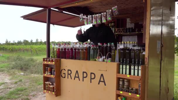 Открытый Стенд Продает Граппу Алкогольный Напиток Вдоль Дороги Хорватии — стоковое видео