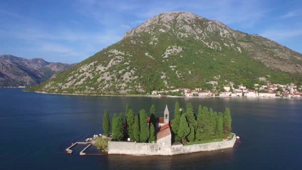 Beautiful Aerial Our Lady Rock Island Church Boka Bay Montenegro — Stock Video