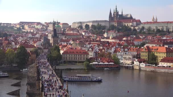 Çek Cumhuriyeti Prag Daki Vltava Nehri Üzerinden Charles Köprüsü Geçen — Stok video