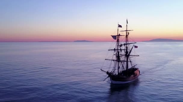 Spectacular Aerial Tall Sailing Ships Open Ocean Sunset — Stock Video