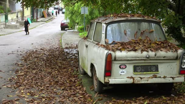 Rusya Nın Kırsal Kesiminde Terk Edilmiş Bir Arabanın Yanında Yaşlı — Stok video