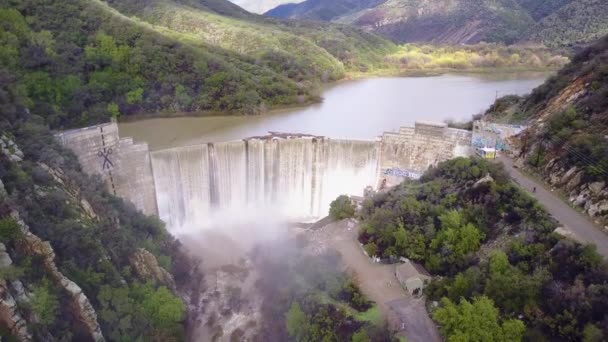 Beautiful Aerial High Waterfall Dam Full Flood Stage Ojai California — Stock Video