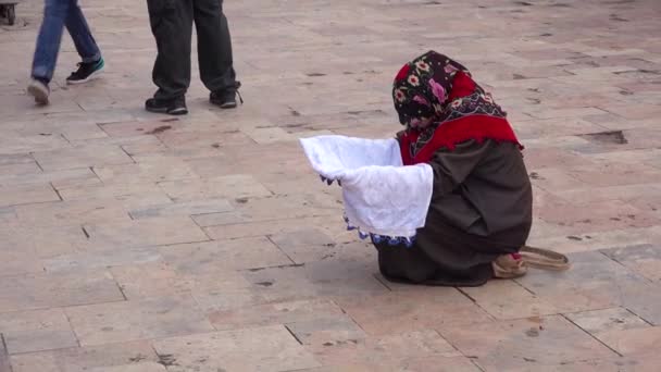 Woman Begs Her Children Streets Skopje Macedonia — Stock Video