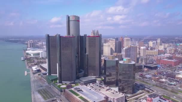 Légi Felvétel Detroit Belvárosáról Toronnyal Detroit Folyóval — Stock videók