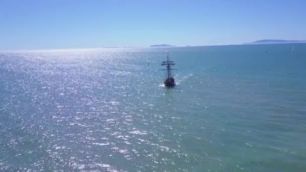 Spectacular Aerial Flying Directly Tall Sailing Ships Open Ocean Sunset — Stock Video