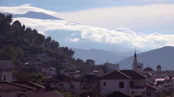 Beautiful Establishing Shot Ancient Houses Alps Berat Albania — Stock Video