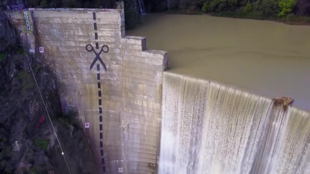 Beautiful Aerial High Waterfall Dam Full Flood Stage Ojai California — Stock Video