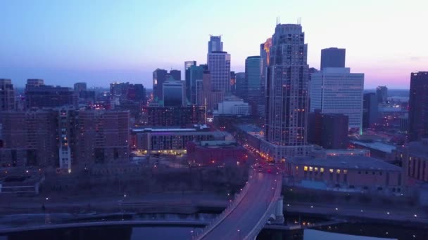 High Angle Aerial Downtown Minneapolis Minnesota Night — Stock Video